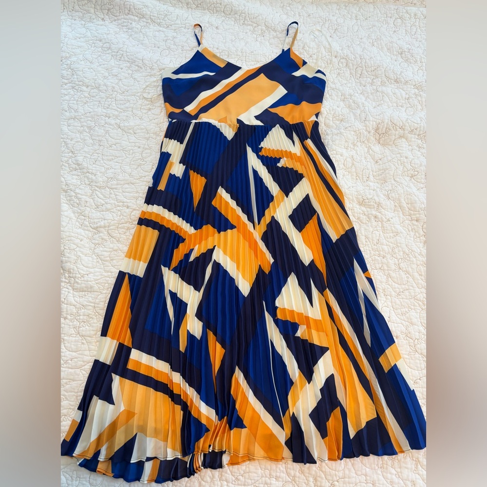 Skies Are Blue Pleated Midi Dress in Geometric Blue & Gold